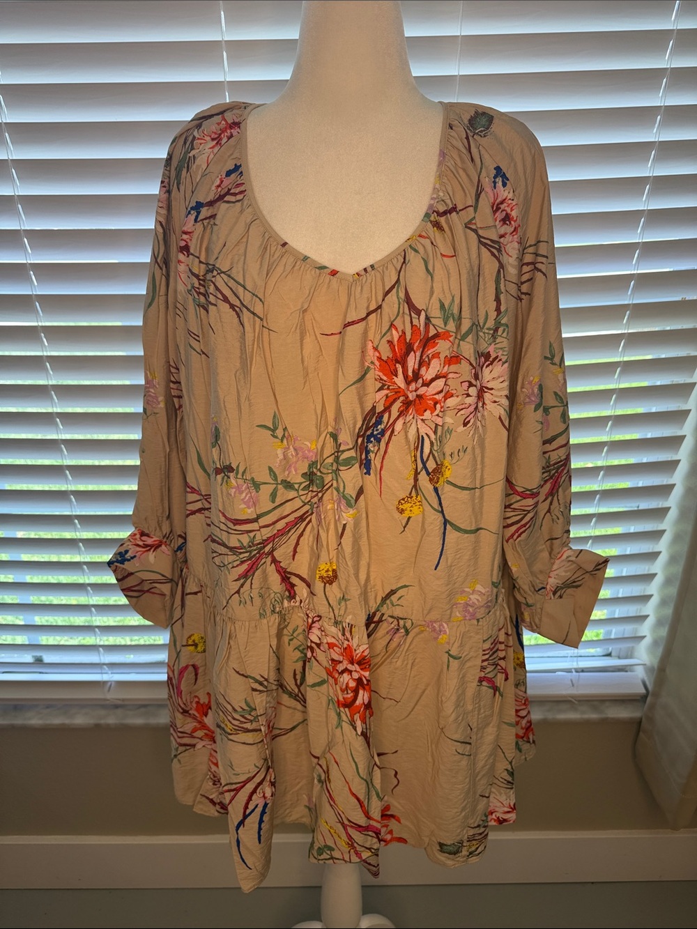 Beige Floral Peasant Tunic Top